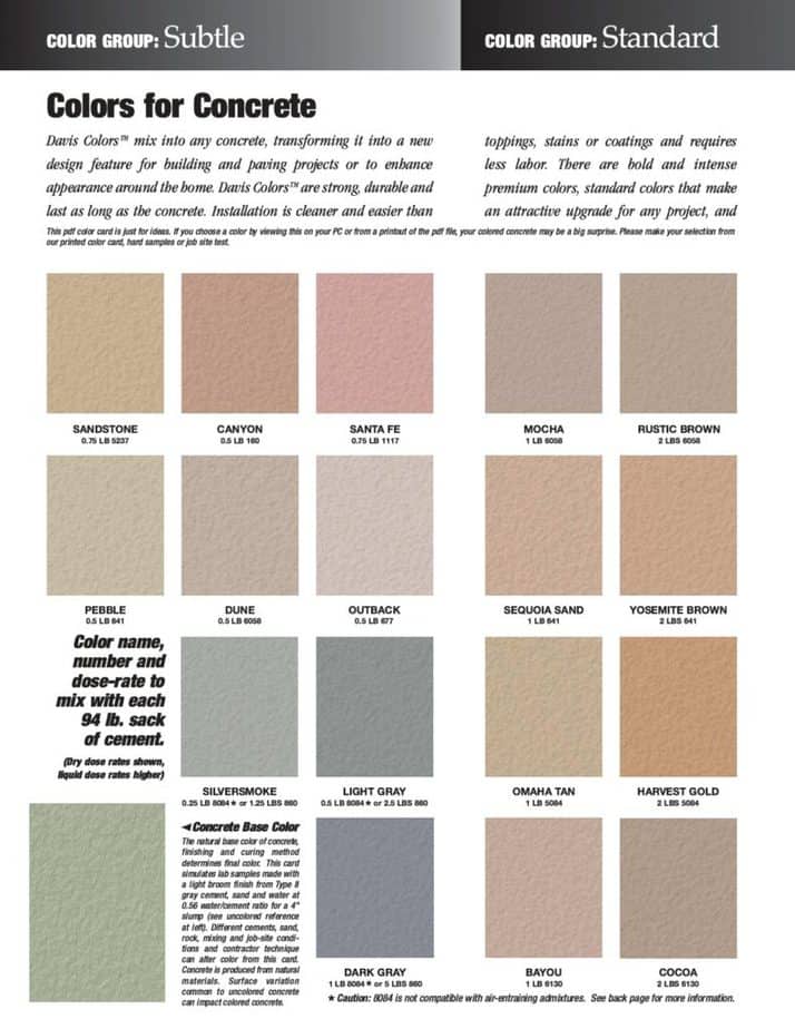 Color Charts for Integral and Standard Cement Colors | Cement Colors